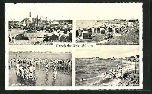 AK Nordseeheilbad Büsum, Szene am Südstrand, Hafen mit Leuchtturm, Spiel im Watt, Baden in der Brandung