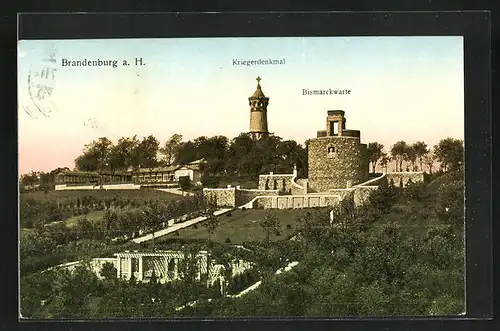 AK Brandenburg a. H., Kriegerdenkmal und Bismarckwarte