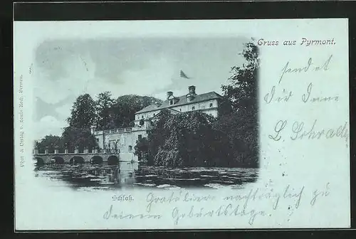 Mondschein-AK Pyrmont, an der Brücke zum Schloss