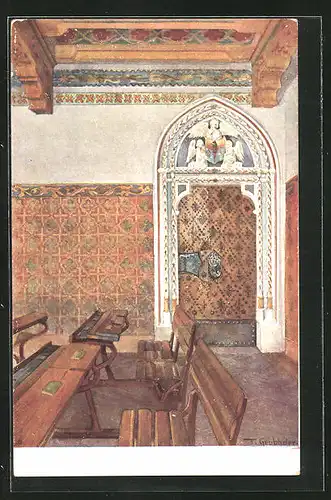 Künstler-AK Berndorf, Lehrzimmer im gotischen Stil, Schulgebäude