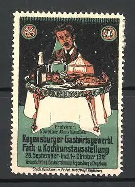 Reklamemarke Regensburg, Gastwirtsgewerbl. Fach- und Kochkunstausstellung 1912, Mann am Speisetisch