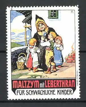 Künstler-Reklamemarke Maltzym Kräftigungspräparat mit Lebertran für schwächliche Kinder, Münchner Kindl mit Kindern