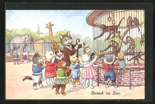 AK Besuch im Zoo, Katzenkinder stehen entzückt vor dem Affengehege