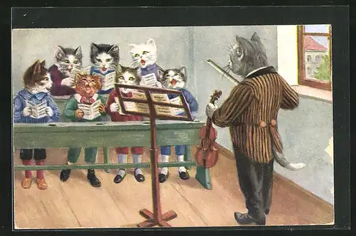 AK Katzenbuben singen im Unterricht im Chor, Lehrer bekleitet mit einer Geige, vermenschlichte Tiere