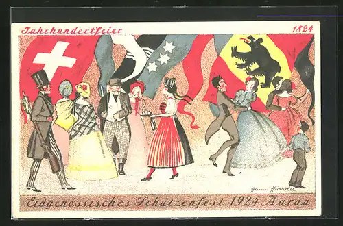 Künstler-AK Aarau, Eidgenössisches Schützenfest 1924, Jahrhundertfeier 1824-1924 verschiedener Nationalitäten