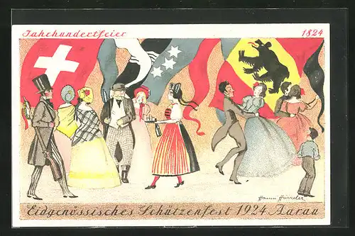 Künstler-AK Aarau, Eidgenössisches Schützenfest 1924, Jahrhundertfeier 1824-1924 verschiedener Nationalitäten