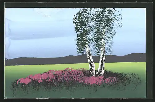 Künstler-AK Handgemalt: Landschaftsidylle mit Baum und Wildblumen