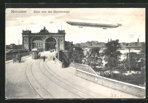 AK Mannheim, Zeppelinfahrt über die Rheinbrücke, Strassenbahn