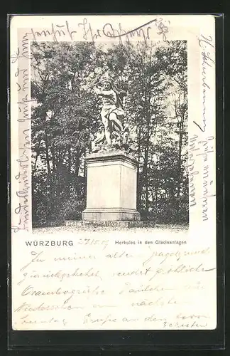 AK Würzburg, Herkules-Statue in den Glacisanlagen