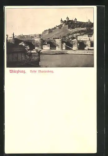 AK Würzburg, Mainufer mit Brücke, Blick zur Festung Marienberg