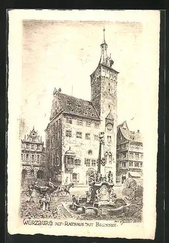 AK Würzburg, Rathaus mit Brunnen