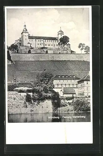 AK Würzburg, Festung Marienberg vom Mainufer aus gesehen