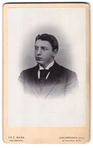 Fotografie Fr. E. Marr, Zweibrücken / Pfalz, Bismarck-Strasse, Portrait junger Mann im Anzug mit Krawatte