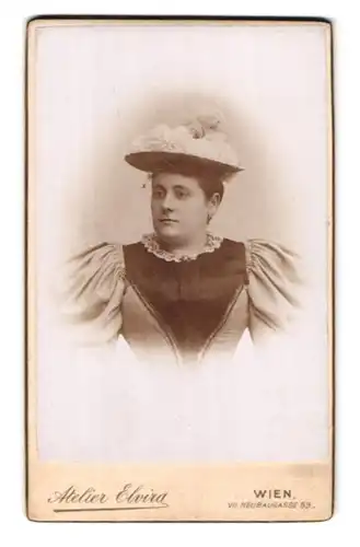 Fotografie A. Reiss, Wien, Neubaugasse 53, Portrait bürgerliche Dame im Kleid mit Puffärmeln und Hut