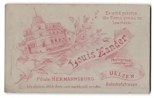 Fotografie Louis Zander, Uelzen, Ansicht Hermannsburg, Atelier Filiale Hermannsburg, Rückseitig Knabe mit Mütze