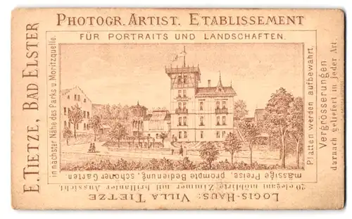 Fotografie E. Tietze, Bad Elster, Ansicht Bad Elster, Logis-Haus Villa Tietze, Rückseitig junger Mann im Portrait