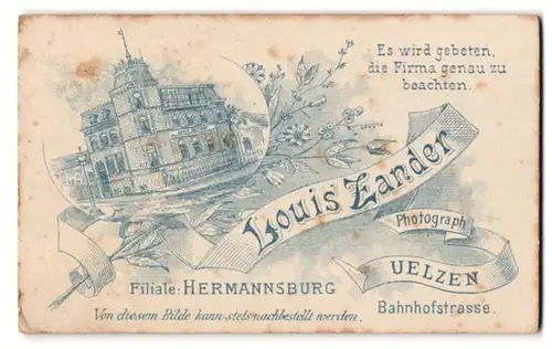 Fotografie Louis Zander, Uelzen, Ansicht Hermannsburg, Atelier Filiale Hermannsburg, Rückseitig Edelmann mit Vollbart