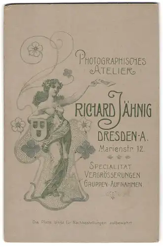 Fotografie Richard Jähning, Dresden, Marienstr. 12, Jugendstil Darstellung junge Frau mit Wappenschild