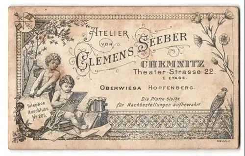 Fotografie Clemens Seeber, Chemnitz, Theater Str. 22, kleine Kinder mit Kamera und Tafel mit Jahreszal 1893