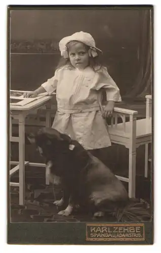 Fotografie Karl Zehbe, Berlin-Spandau, Adamstr. 15, Mädchen im Kleid mit Hut nebst Hund