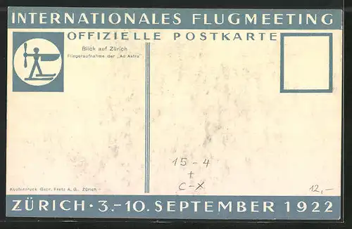 AK Zürich, Luftaufnahme der Stadt zum Internationalen Flugmeeting 03.-10. September 1922