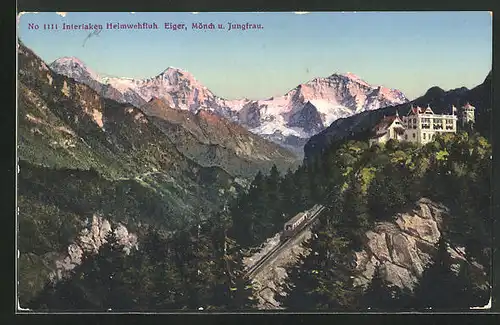 AK Interlaken, Heimwehfluh mit Eiger, Mönch und Jungfrau, die Bergbahn fährt hinab