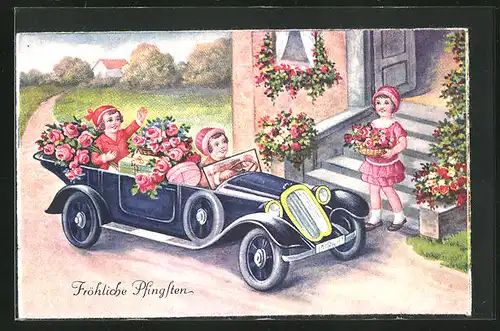 AK Mädchen mit Auto und vielen Blumen zu Pfingsten