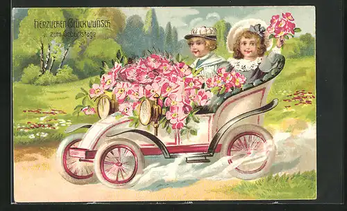 Lithographie Auto, Geburtstagsgruss mit Junge und Mädchen mit Blumen im Fahrzeug