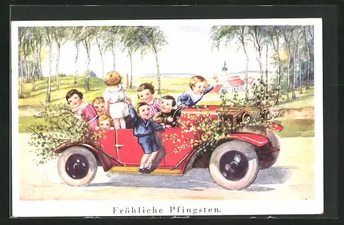 Künstler-AK Kinder fahren zu acht in einem roten Auto, Szene zu Pfingsten
