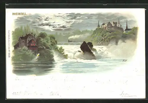 Lithographie Rheinfall bei Nacht, Panorama