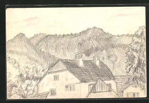 Künstler-AK Handgemalt: Landschaft mit Häusern und Baum