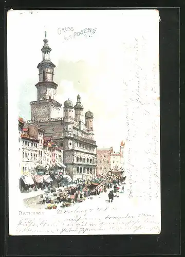 Lithographie Posen / Poznan, Markt vor dem Rathaus