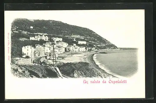 AK Ospedaletti, an der Bahngleise in den Ort, Blick auf den Strand