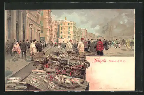 Lithographie Napoli, Mercato di Pesci, Menschen auf dem Wochenmarkt