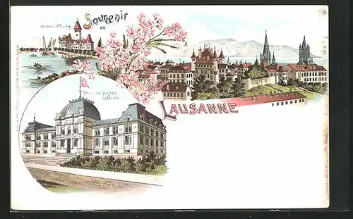 Lithographie Lausanne, Panorama, Château d`Ouchg., Palais de Justice fédérale