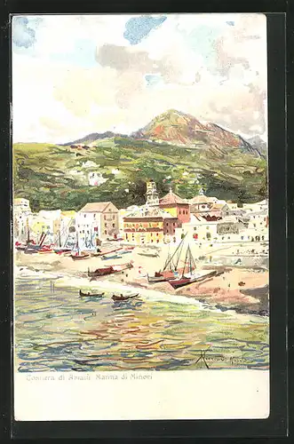 Lithographie Minori, Marina, Blick auf den Küstenort an der Amalfi-Küste