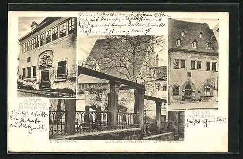 AK Eisleben, Luthers Geburtshaus, Vorderansicht und Seitenansicht, Luthers Sterbehaus