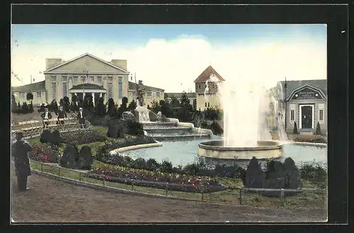 AK Freiberg i. S., Erzgebirgs-Ausstellung 1912, Brunnen mit Messegebäude