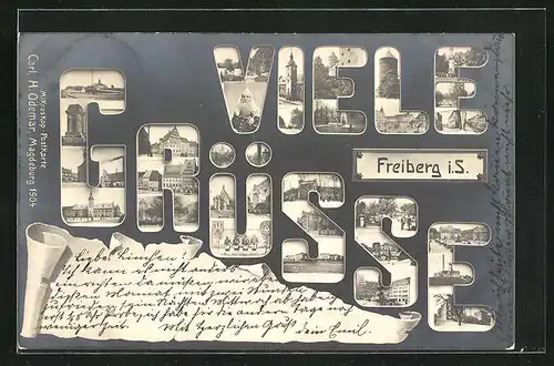 Mikroskop-AK Freiberg i. S., Ortsansicht, Turm, Rathaus