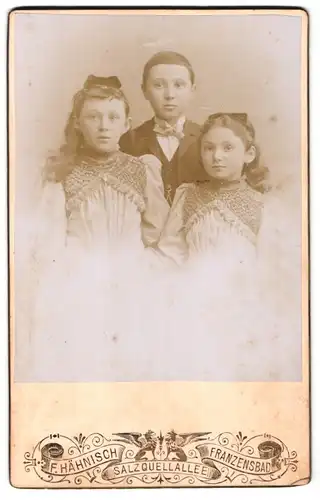 Fotografie F. Hähnisch, Franzensbad, Salzquellallee, Portrait halbwüchsiger Knabe und zwei Mädchen in eleganter Kleidung