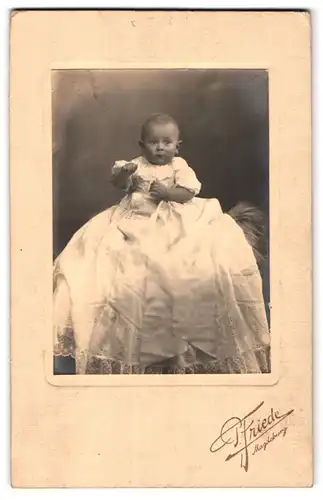 Fotografie P. Friede, Magdeburg, Portrait niedliches Kleinkind im langen weissen Kleid