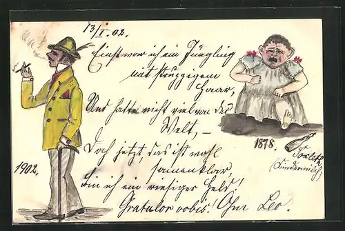 Künstler-AK Handgemalt: Schreiendes Kleinkind und rauchender Herr, 1878 und 1902