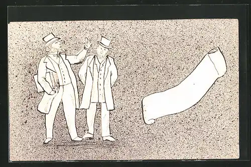 Künstler-AK Handgemalt: Zwei Herren mit Hüten neben einer Papierrolle