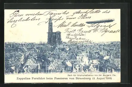 AK Strassburg, Zeppelins Fernfahrt beim Passieren der Stadt 1908