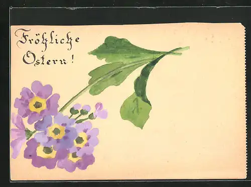 Künstler-AK Handgemalt: Lilafarbene Blumen, Ostergruss