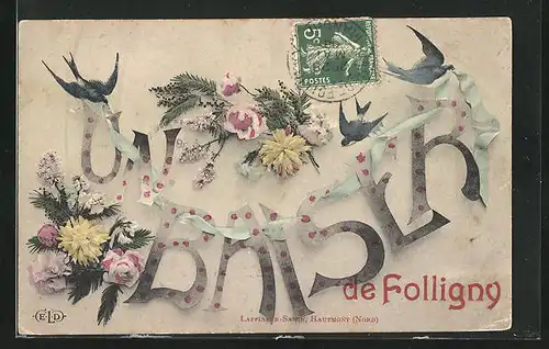 AK Folligny, Vogel, Blumen