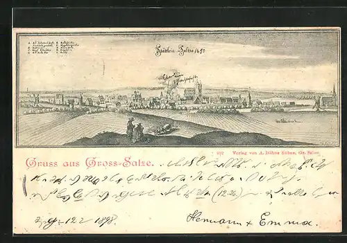 Künstler-AK Gross-Salze, Teilansicht mit Magdeburger Tor, Barby und Rathaus 1650