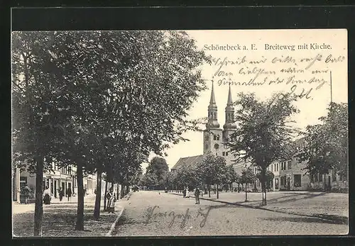AK Schönebeck a. E., Strasse Breiteweg mit Kirche