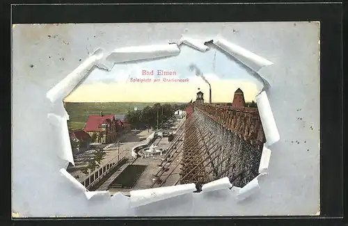 Passepartout-AK Bad Elmen, Spielplatz am Gradierwerk durch zerrissenes Papier