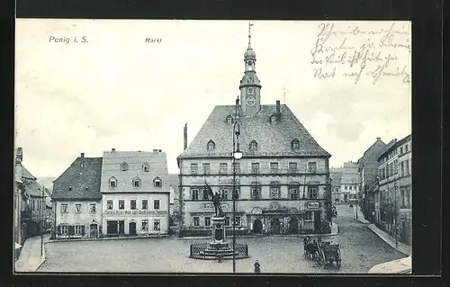 AK Penig i. S., Markt mit Gasthaus Ratskeller, Geschäft und Denkmal